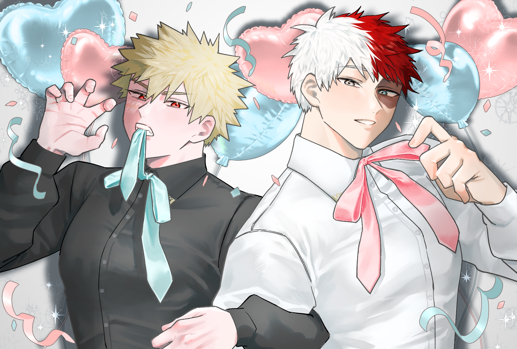 水色とピンクの風船を背景にしたイラスト
